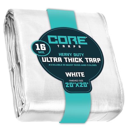 Heavy Duty Tarp, 20 ft L x 0.5 mm H x 20 ft W, 16 Mil, White, Polyethylene